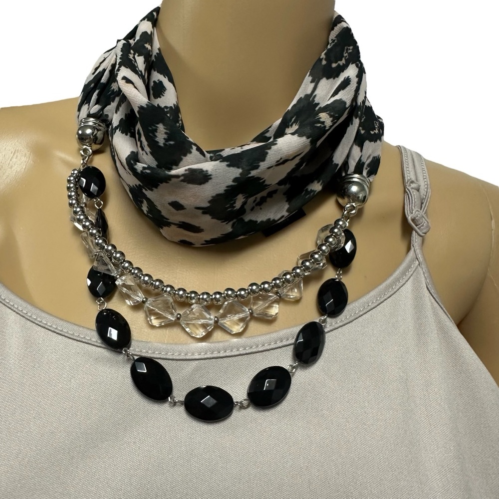 Scarf Necklace Black Beige Silver Black and Clear
